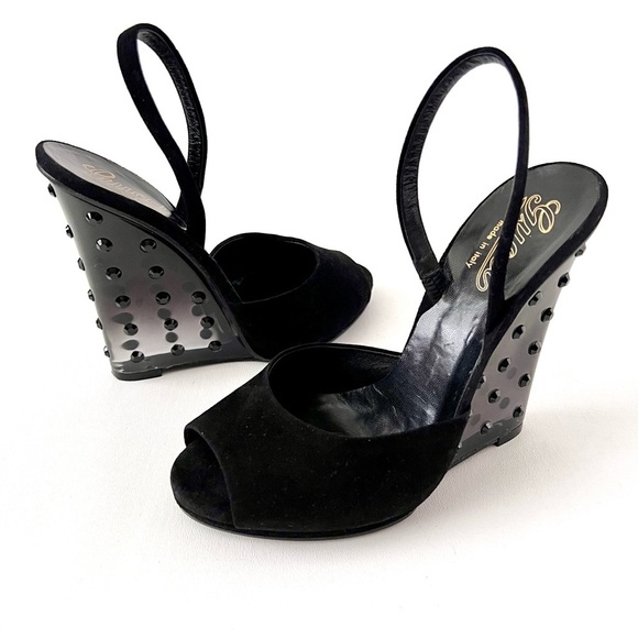 GUCCI | Black Suede Peep Toe Slingback Lucite Studded Wedge Heels Vintage 38.5 - Picture 1 of 13